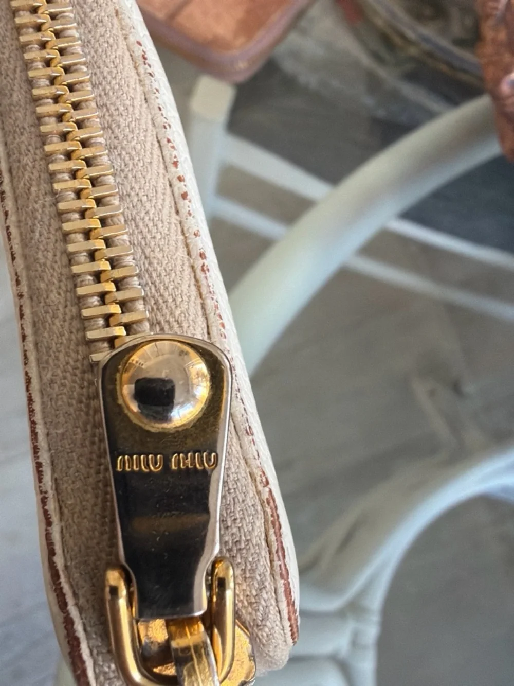 Miu Miu Cream Leather Zip Wristlet with Gold Logo
